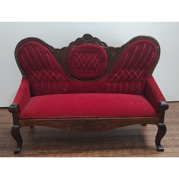 Vintage Concord Miniatures Victorian Couch Settee Red Velvet Sofa Real Wood D1 - Picture 1 of 3